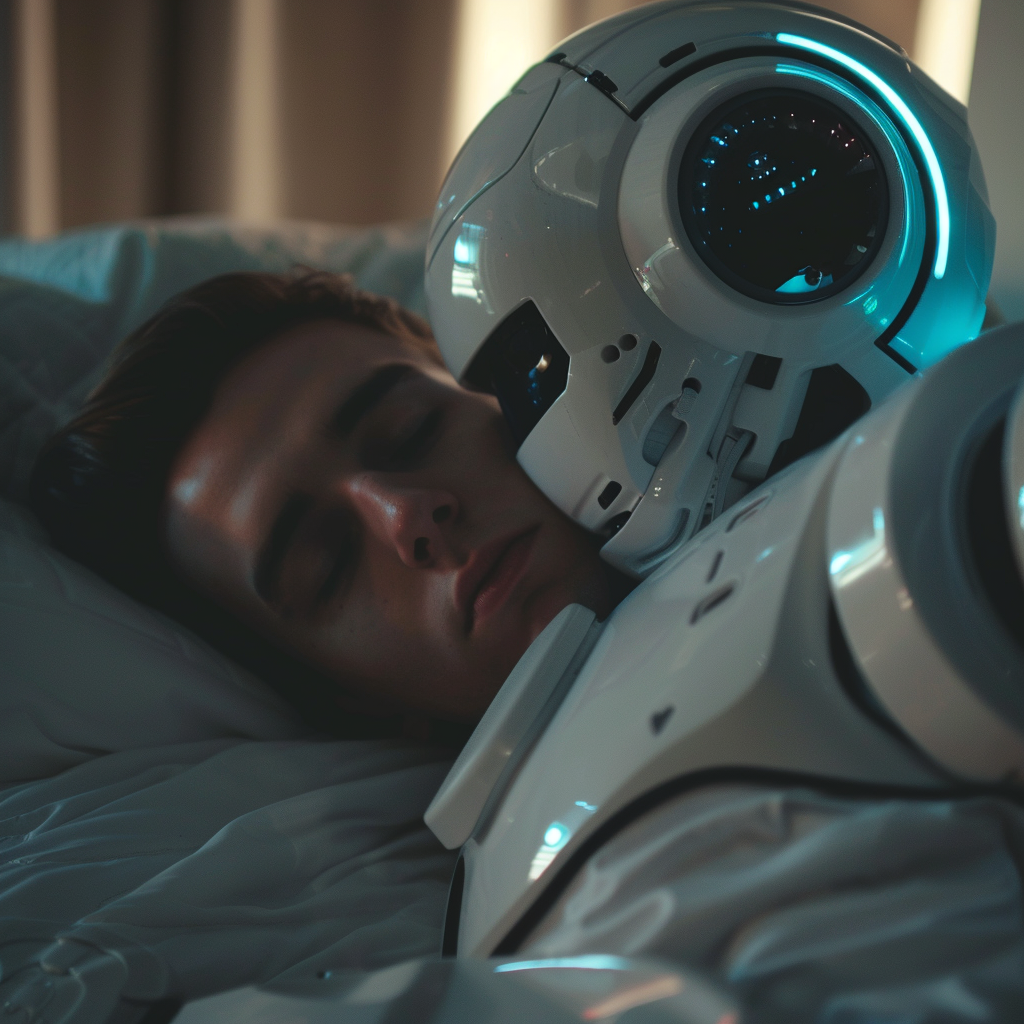 AI robot observing man sleeping