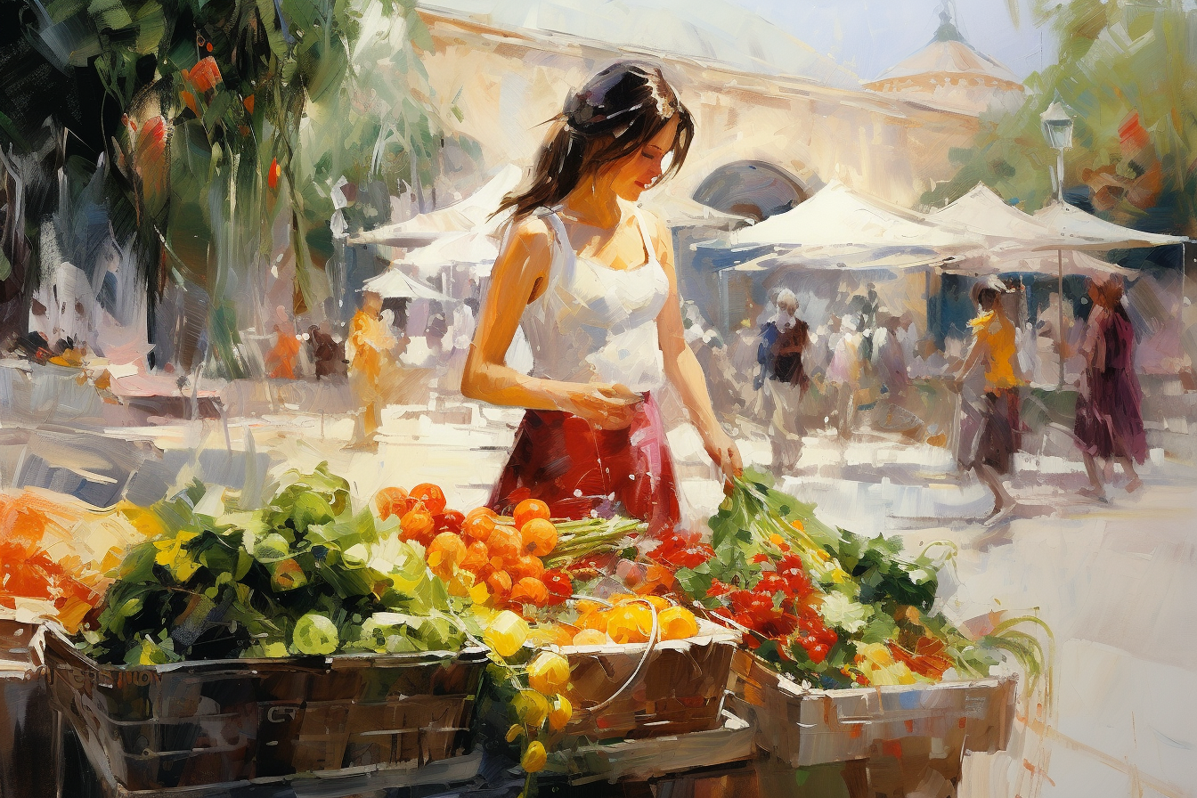 AI shopping for vegetables in sunny market