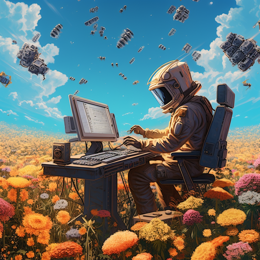 AI beekeeper working in flower field