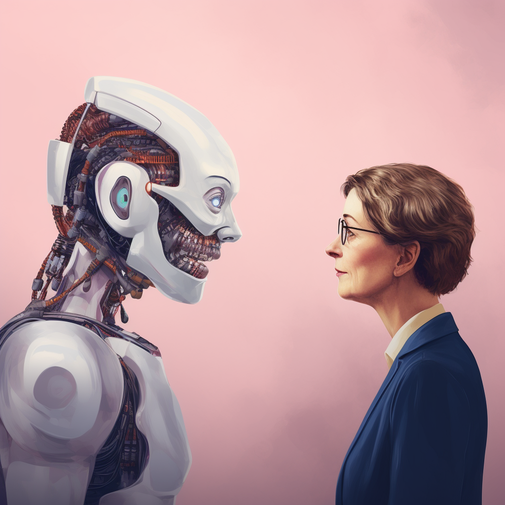 Illustration of an AI robot and a middle aged woman staring