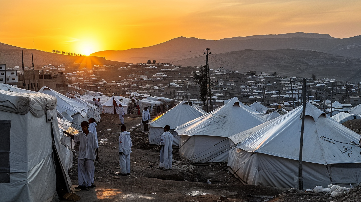 Aid workers setting up refugee tents