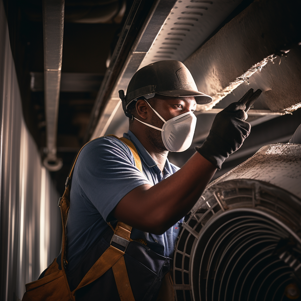 Professional worker cleaning air duct