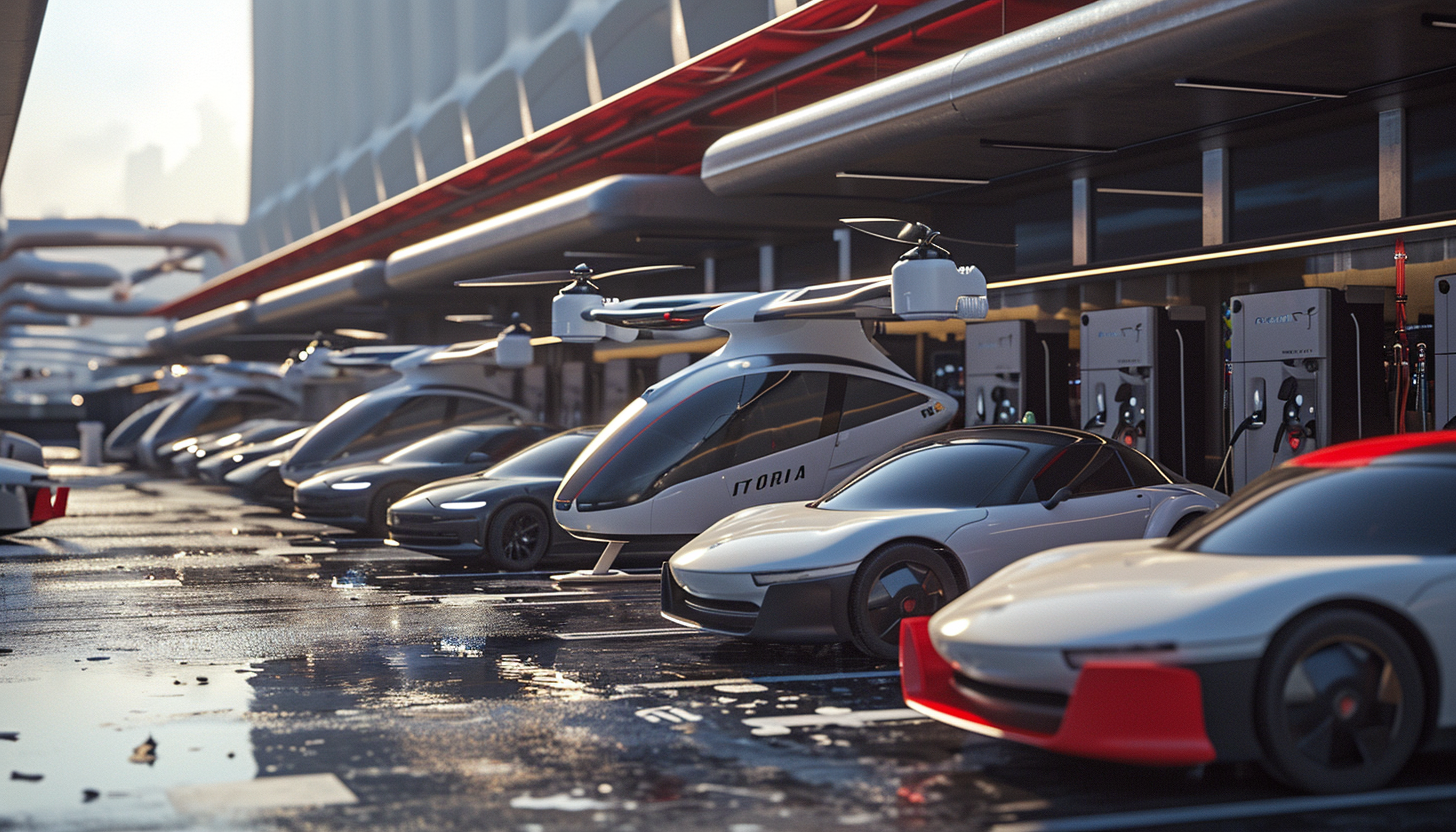 Air Taxis and Electric Cars Parked