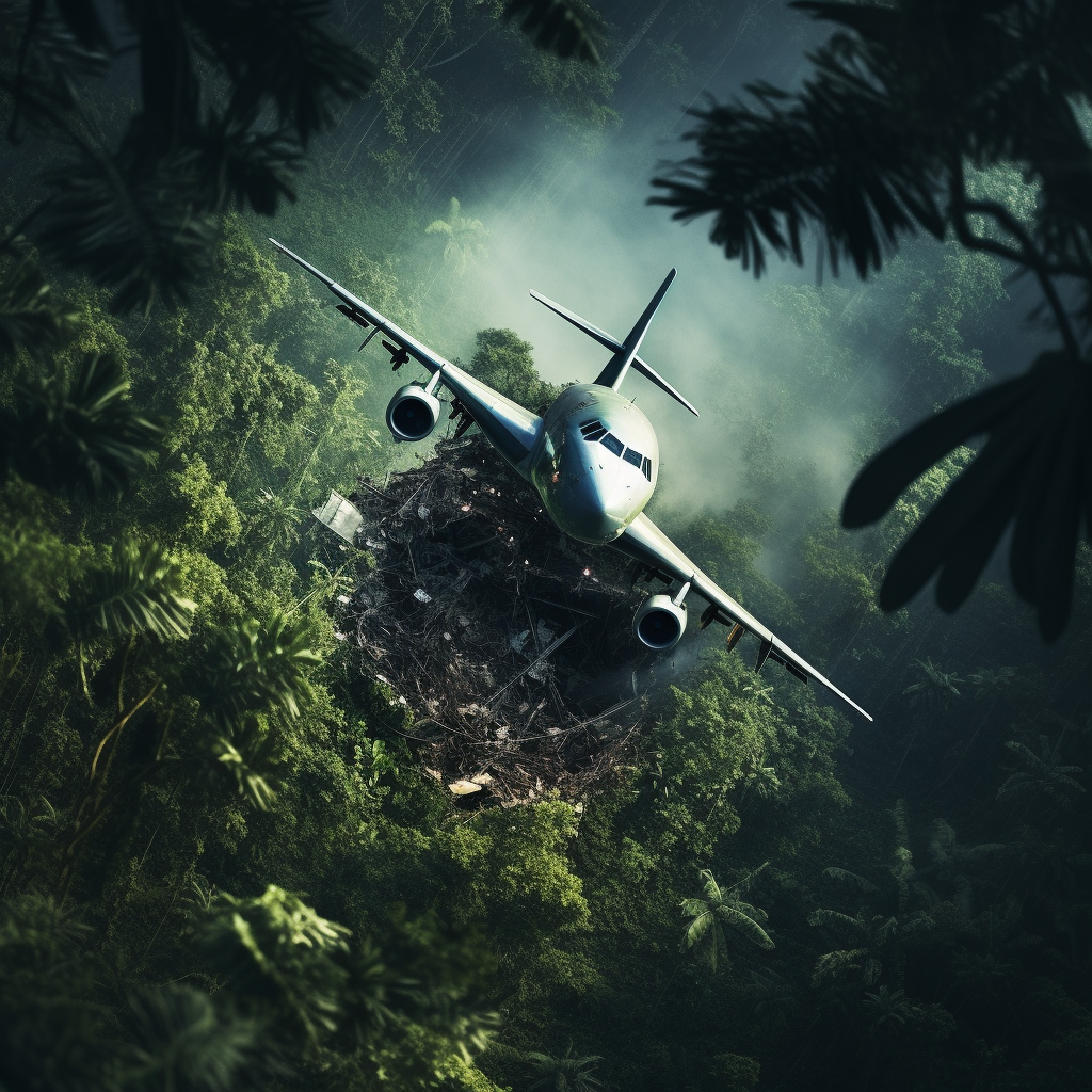 Crashed airplane in dense jungle