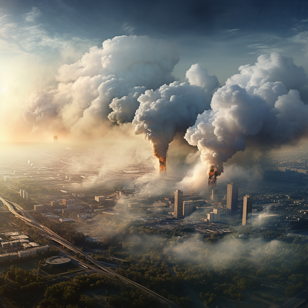 Photorealistic image showing air pollution in a city