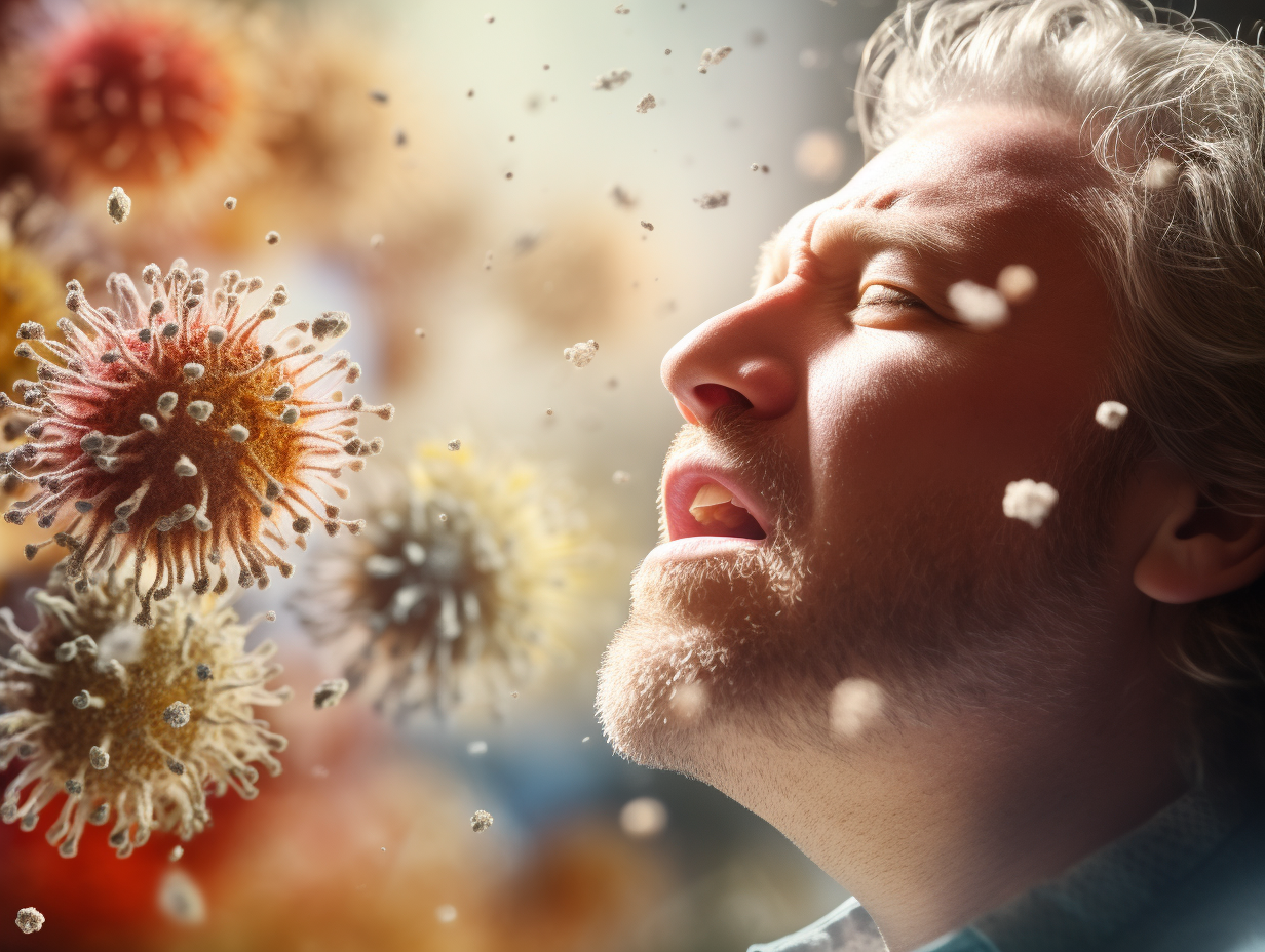 Man sneezing due to airborne allergens and viruses