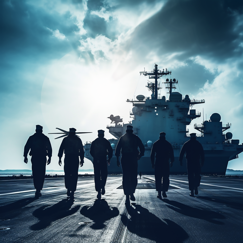 Soldiers in Formation on Aircraft Carrier Battleship