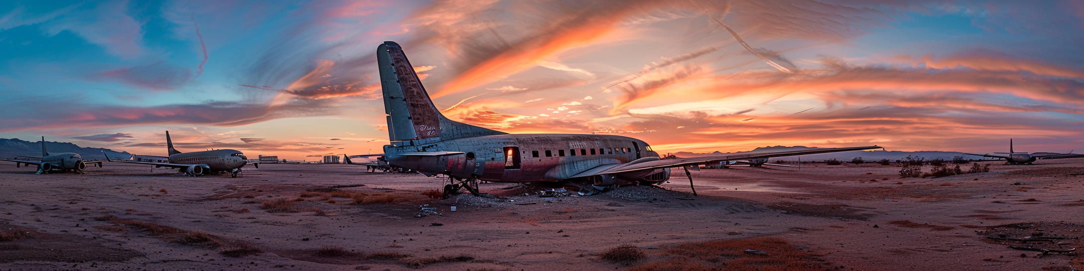 Airplane graveyard in California desert at sunset