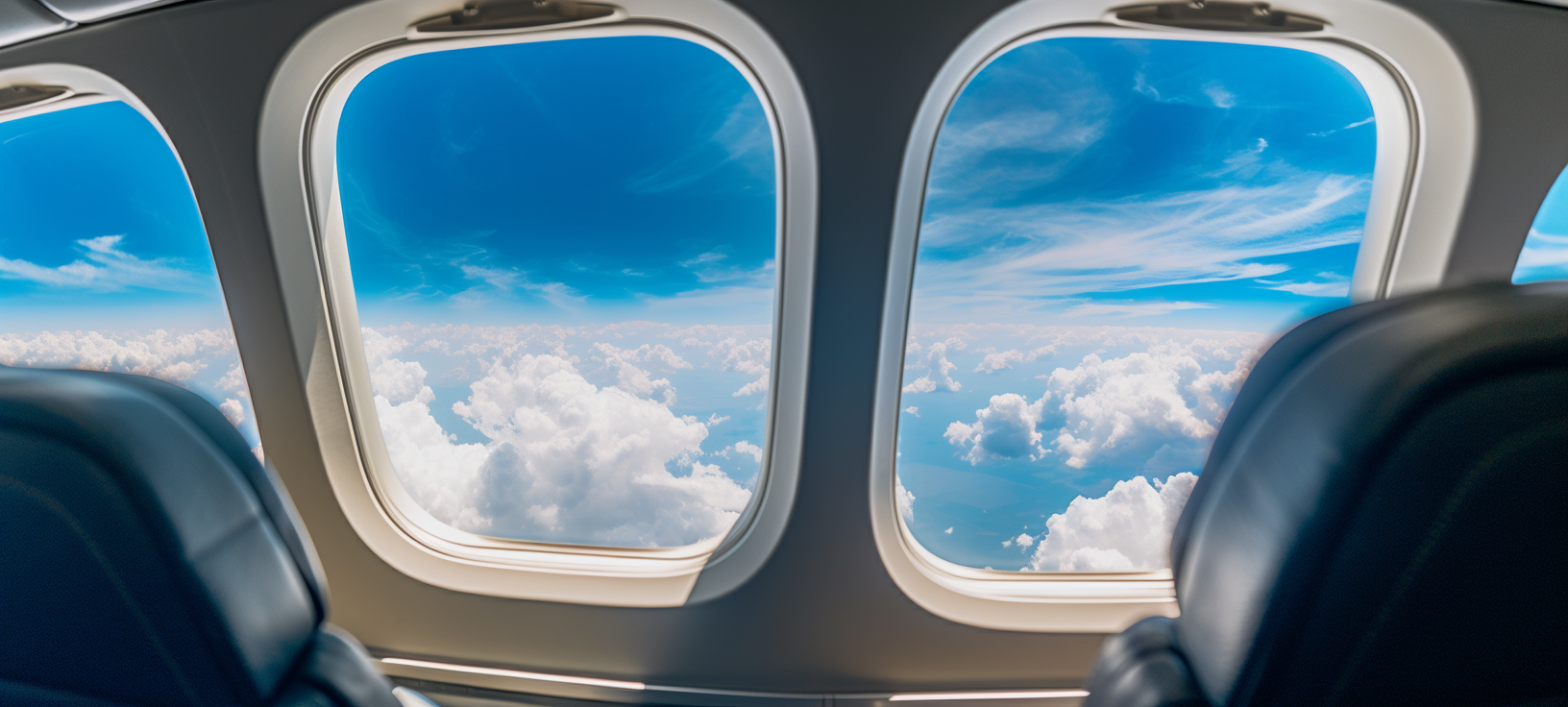 Bright blue skies seen through an airplane window