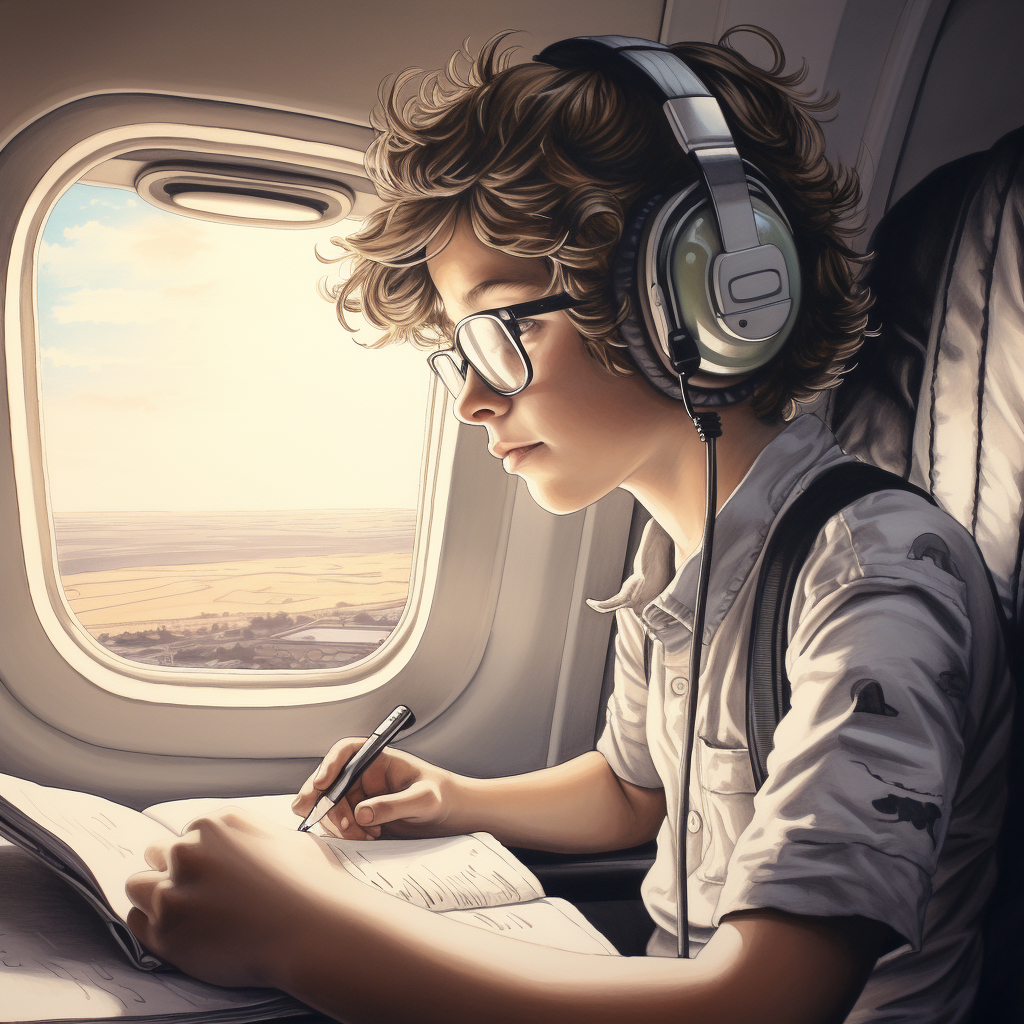 Boy drawing in airplane