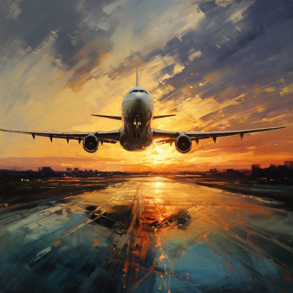 Airplane flying over a sunset in an oil painted style