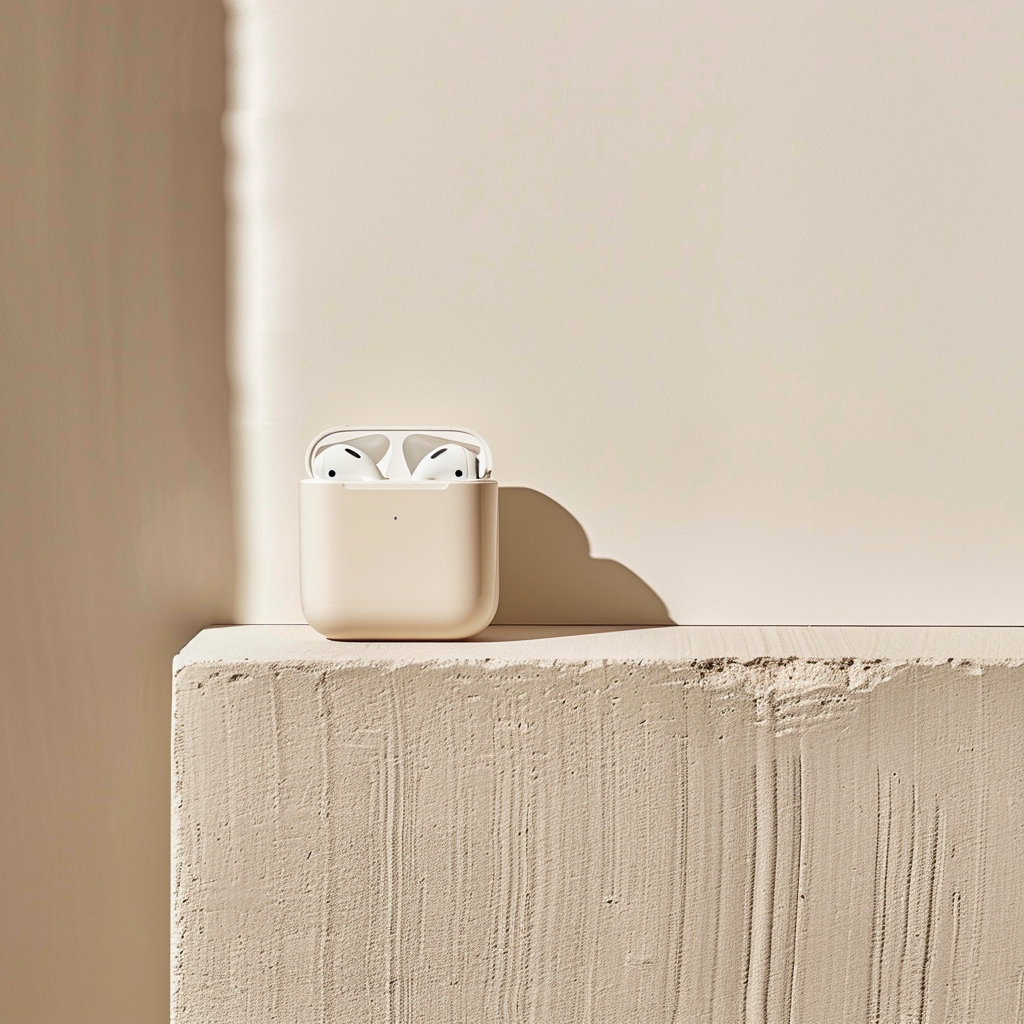 Airpod case on beige ledge