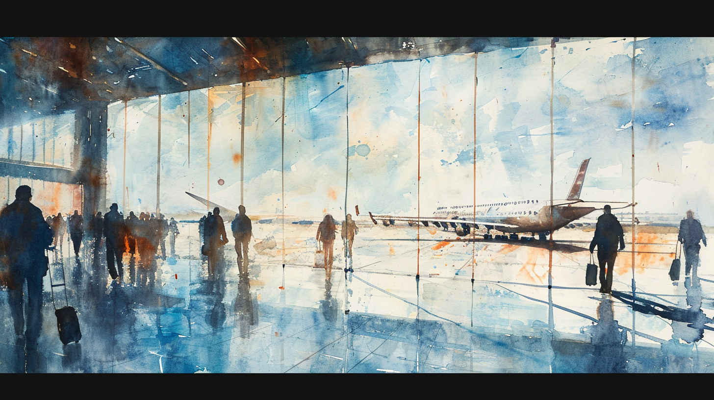 Abstract Light Watercolor Painting Airport Jets Runway Crowds People View