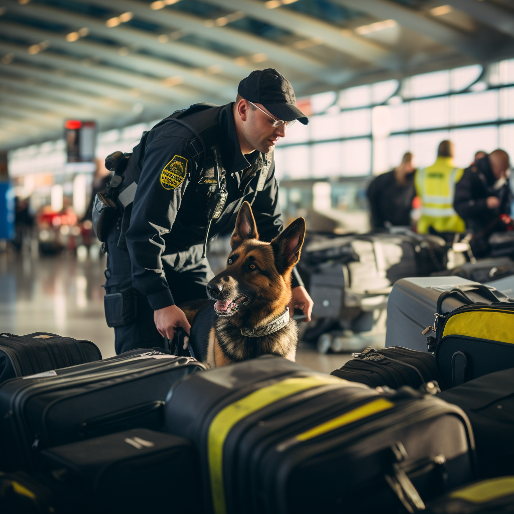 Police dog sniffing luggages at airport