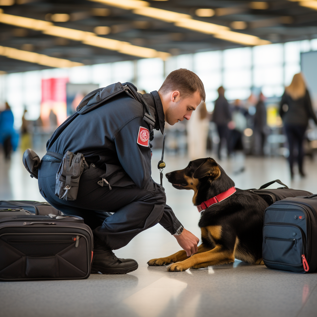 airport security guard with sniffer dog inspecting luggage