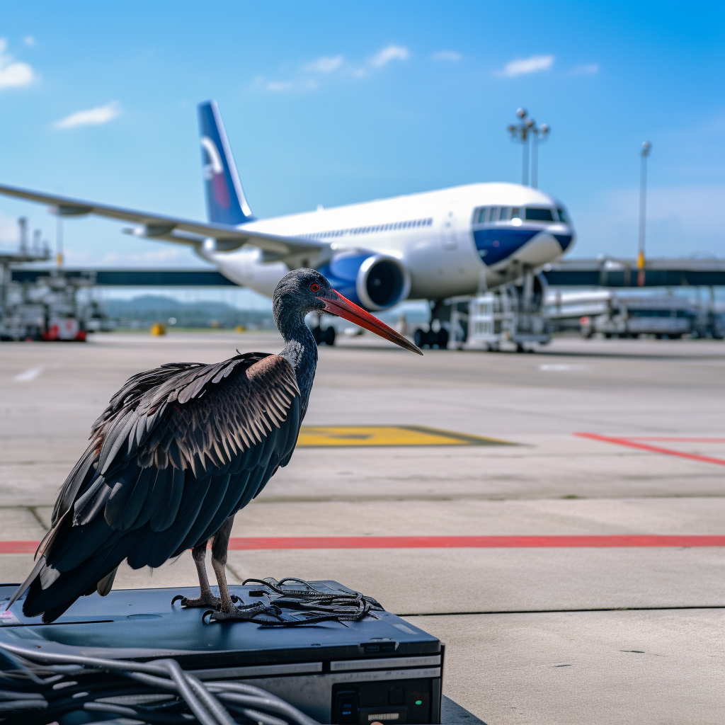 Black stork in front of laptop at airport