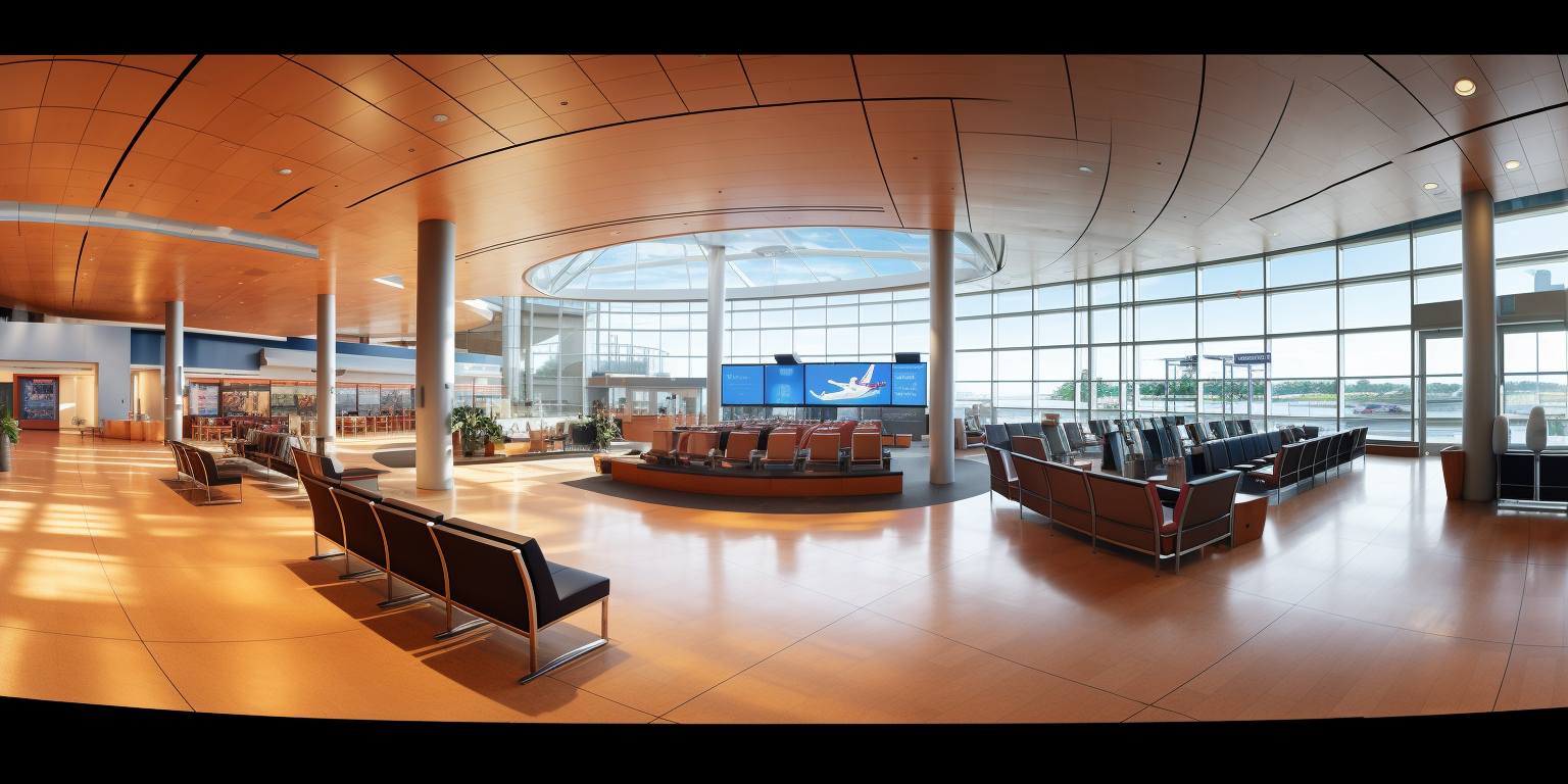 Airport waiting room with check-in counter and big screens