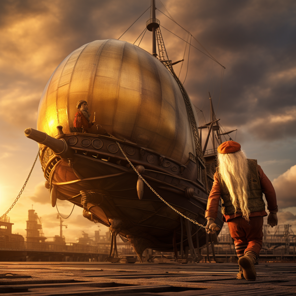 78-year-old gnome pulling airship at sunset