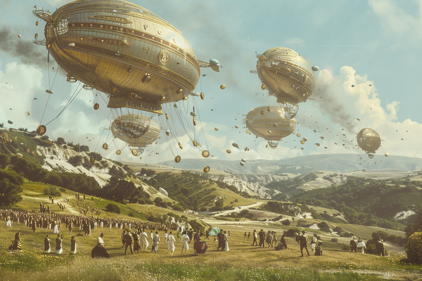 Airships dropping crypto tokens illustration