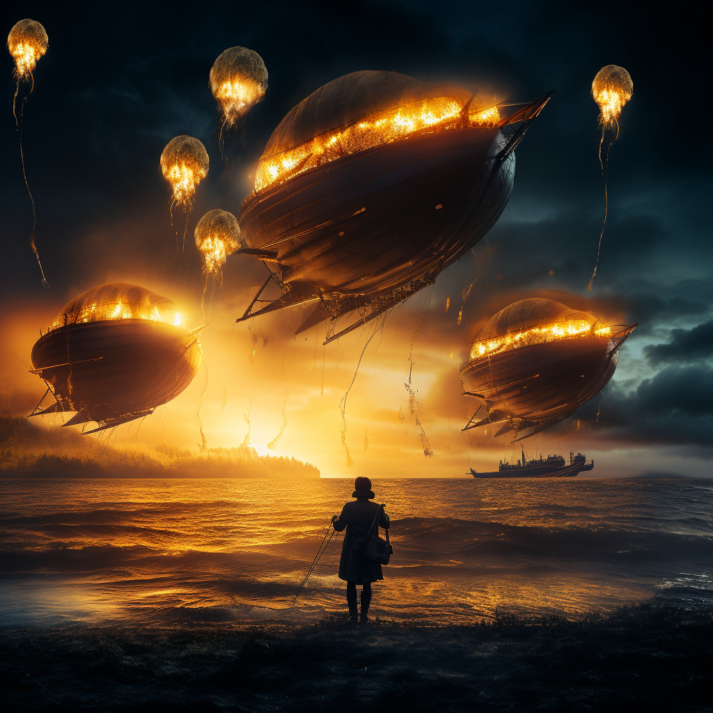 Airships on fire at night, panic and chaos