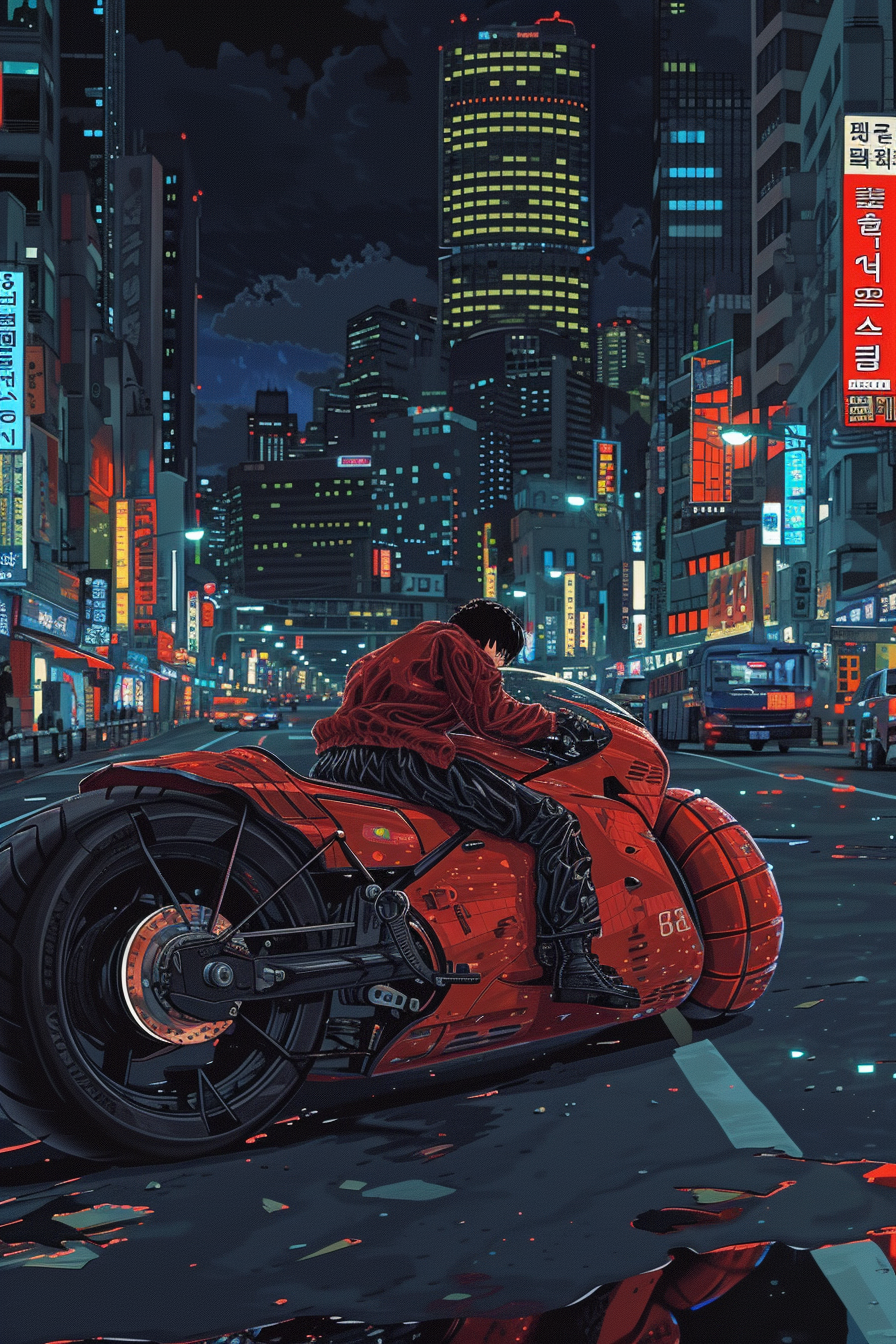 Akira on Futuristic Superbike in Seoul Night