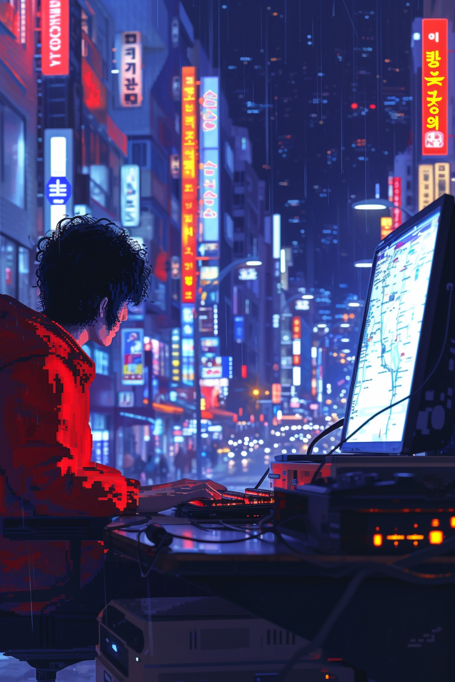 Pixelated Akira Sitting in Seoul at Night