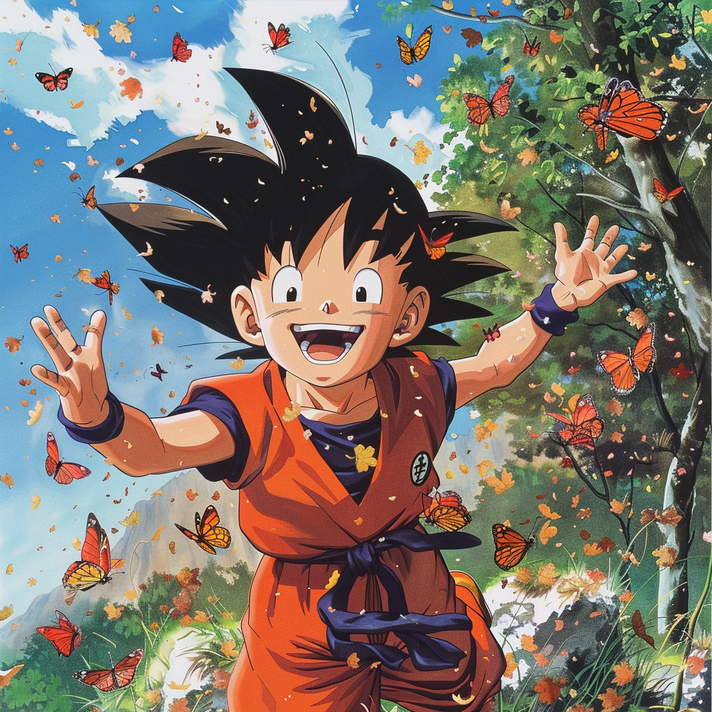 Son Goku smiling in wilderness