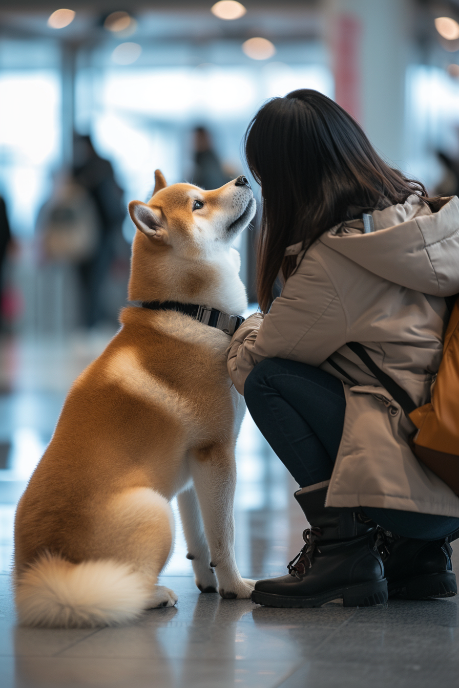 Akita dog greeting Chinese girl at airport