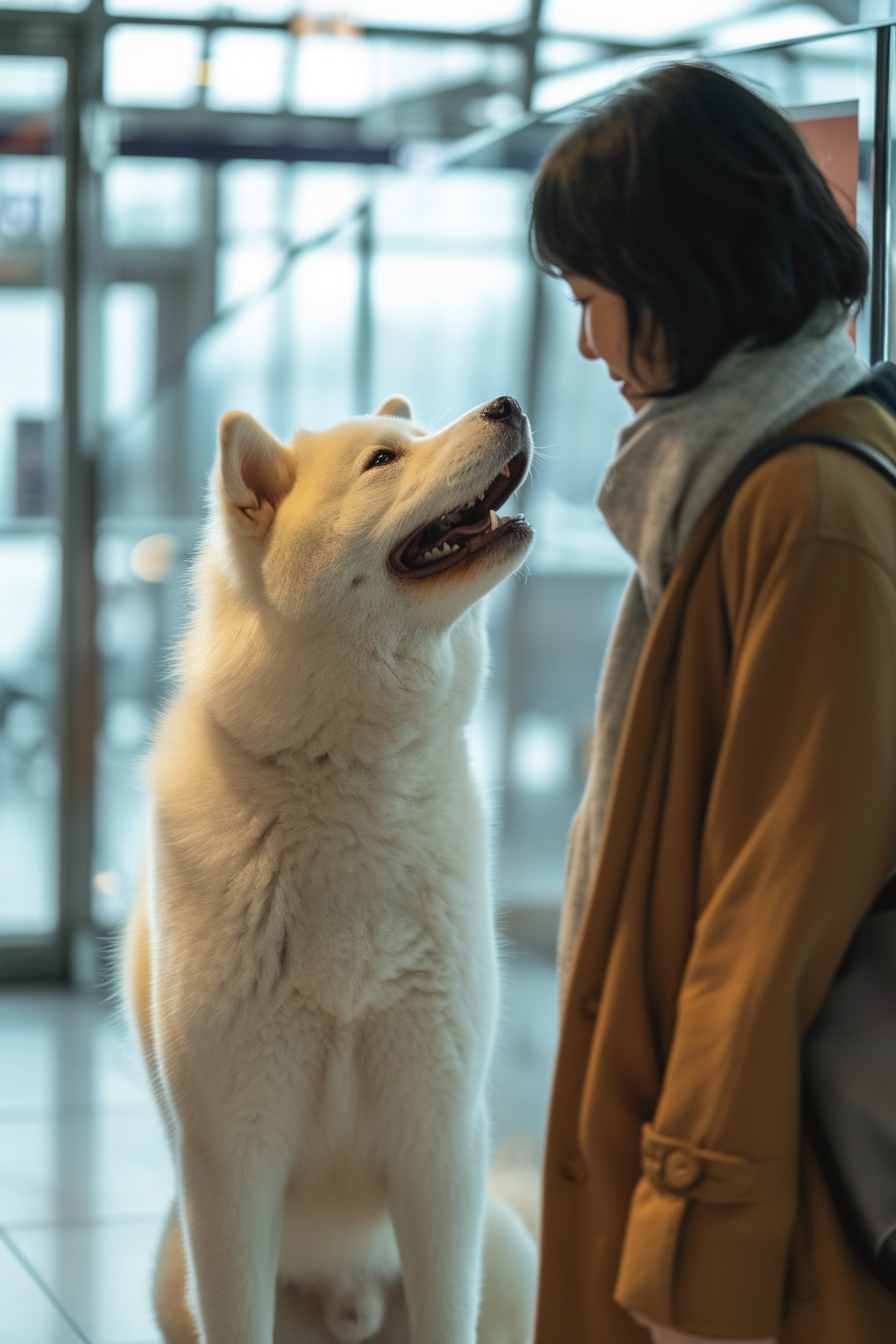 Akita dog greeting Chinese girl at airport