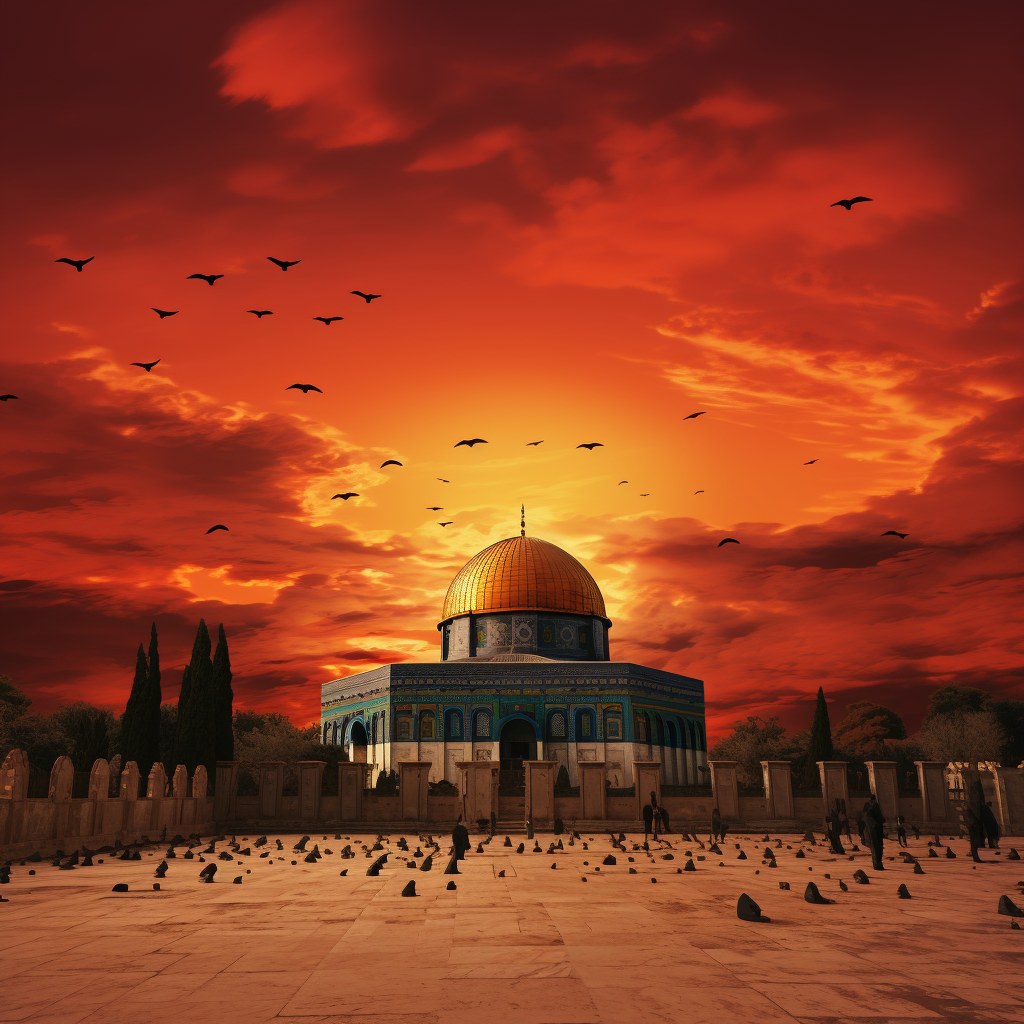 Detailed image of Masjid Al Aqsa with red sky