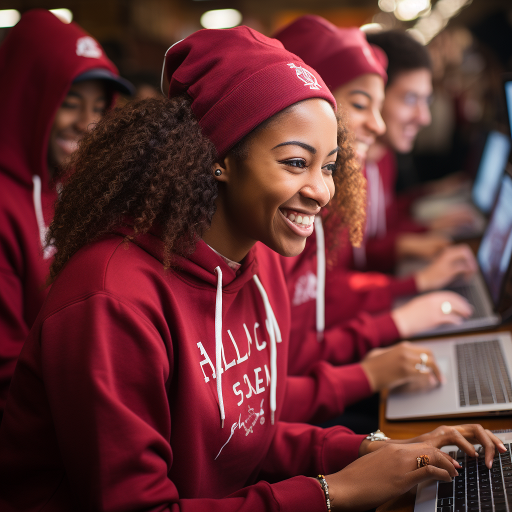 African American HBCU students wearing sweatshirts using modern equipment