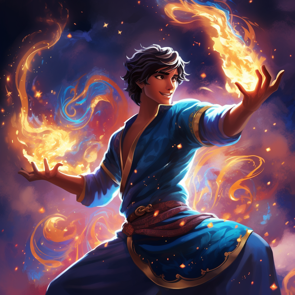 Aladdin Blue Genie Sparkling Fire Dark Background