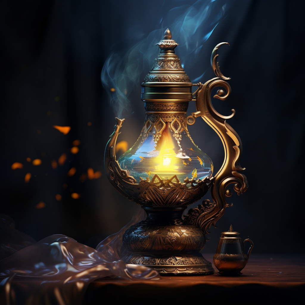 Illustration of Aladdin's smoking oil lamp