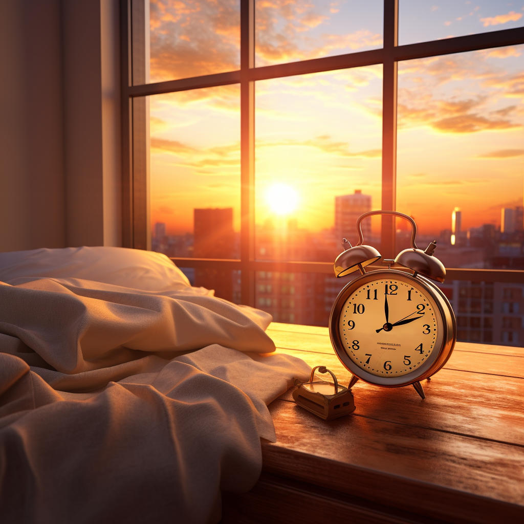 Alarm clock next to bed with sunset shining through window