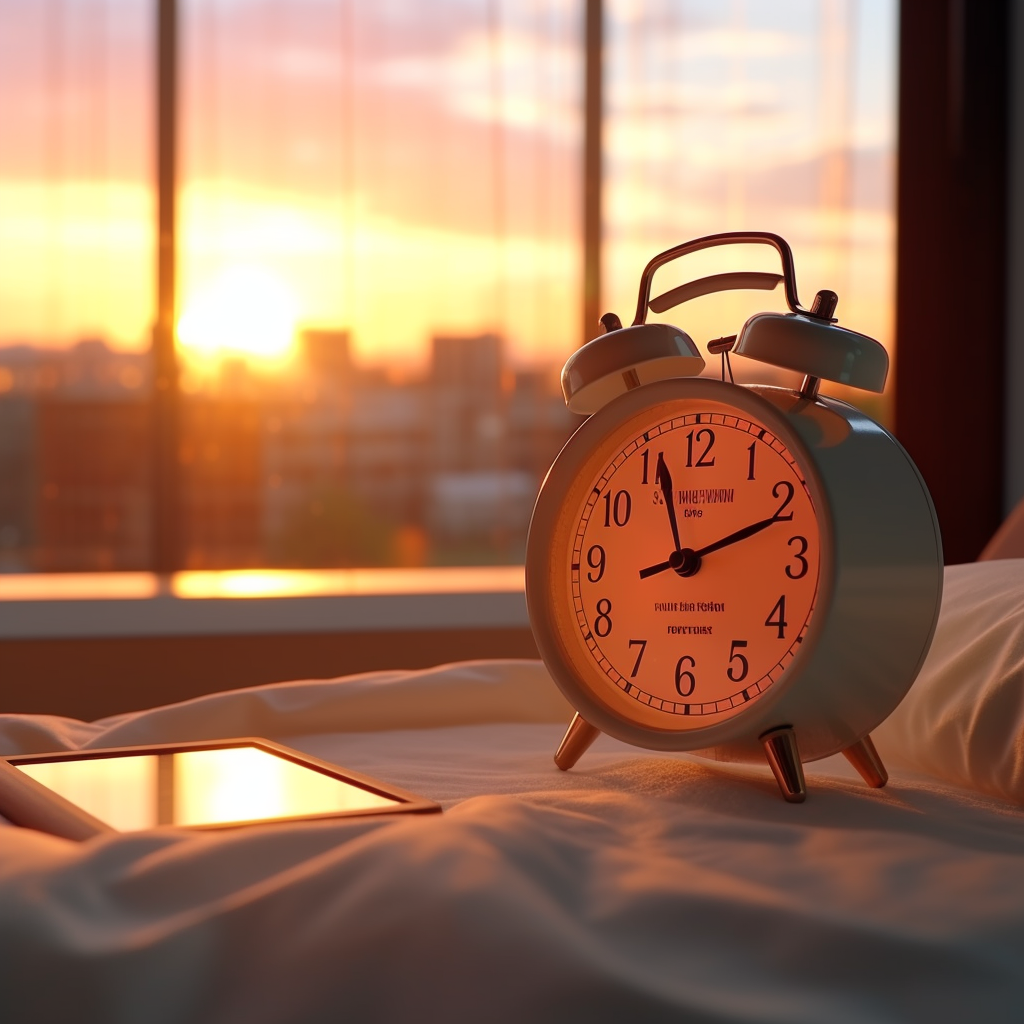 Digital alarm clock showing 7am time next to the bed with sunrise