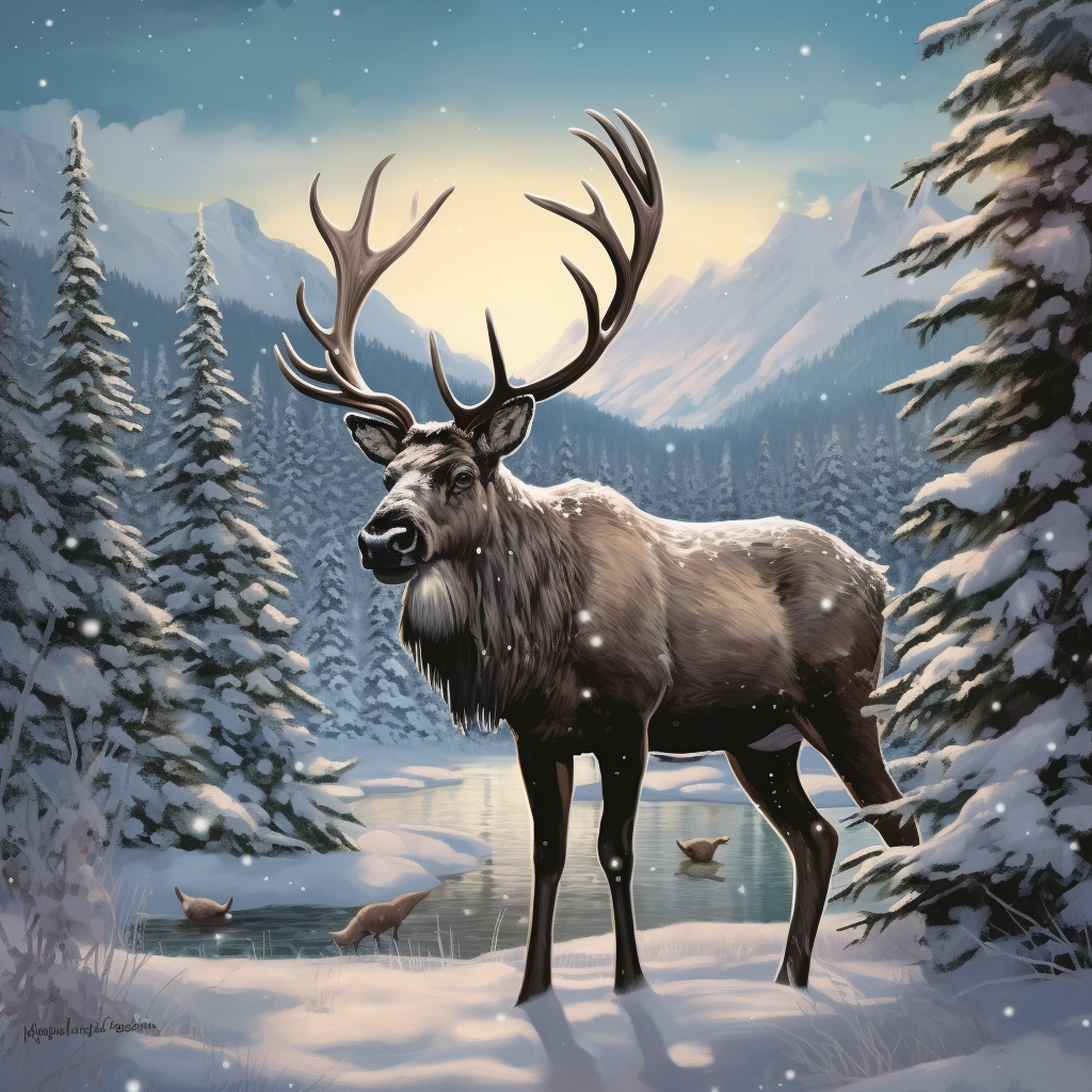 Alaska Christmas Card with Caribou and Moose