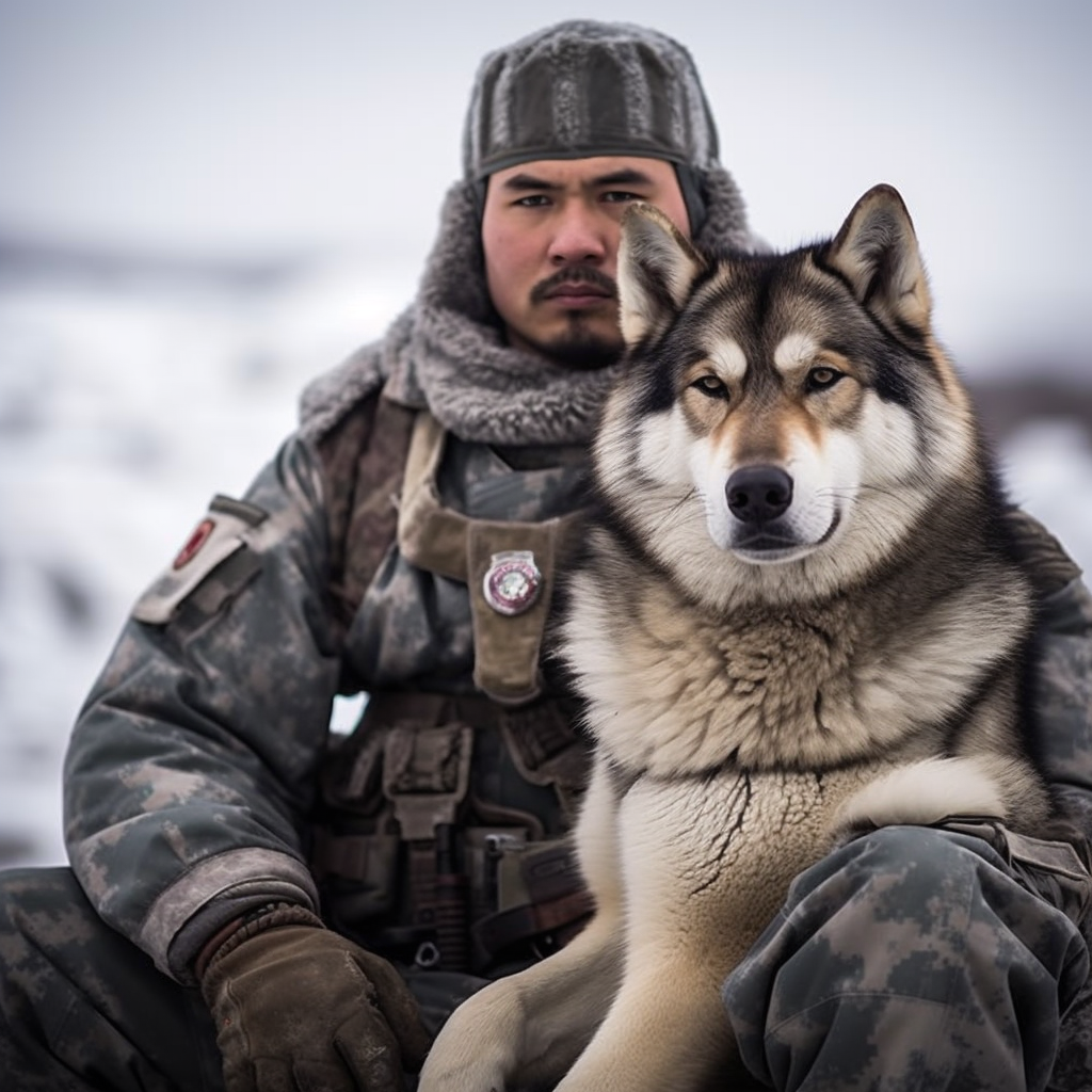 Powerful Alaskan Malamute-human soldier hybrid in uniform