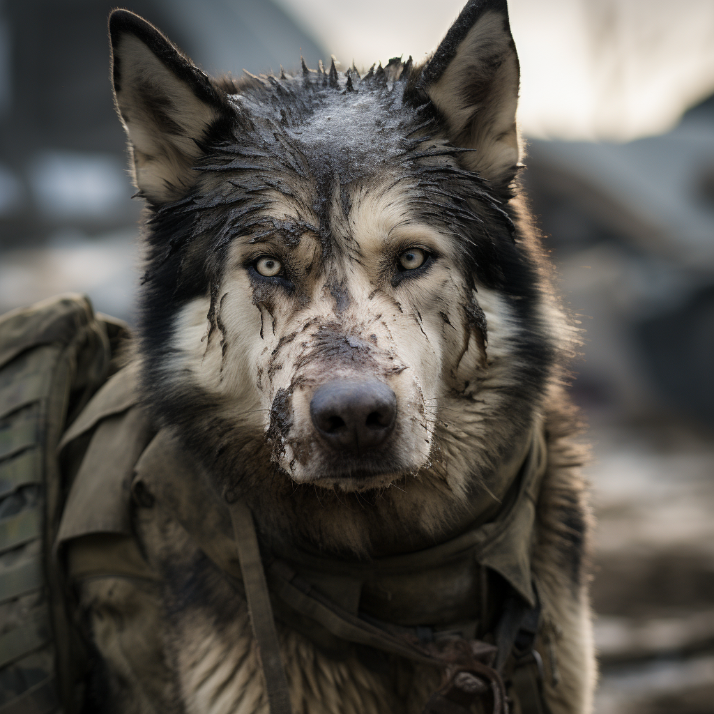 Battle-worn Alaskan Malamute Soldier with Evil Look