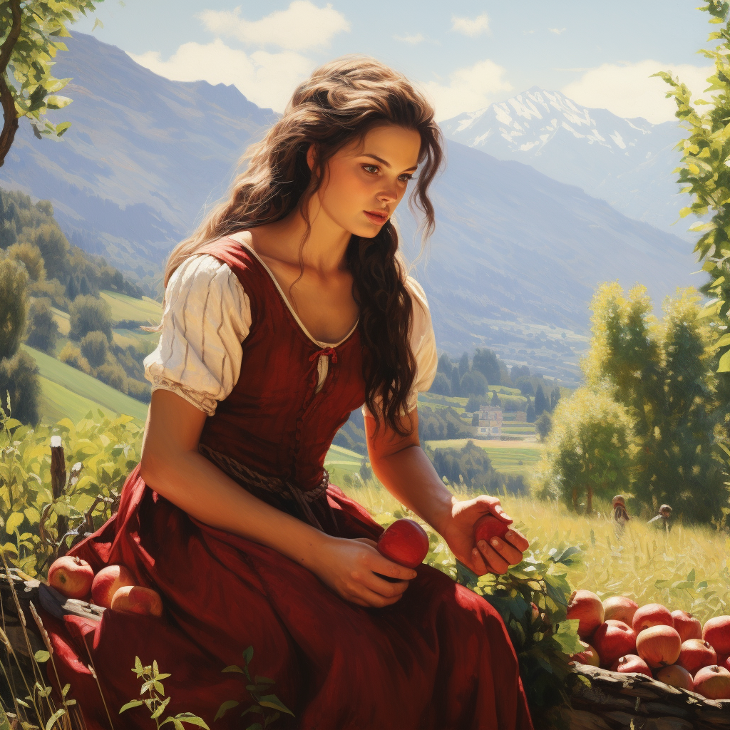 Young Albanian Girl Collecting Apples in Field