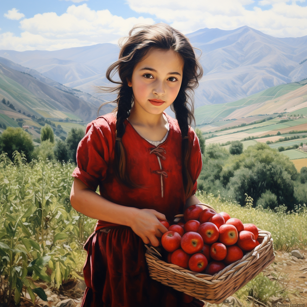 Albanian girl picking apples in a field