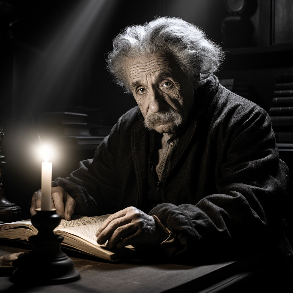 Albert Einstein reading book on wooden table