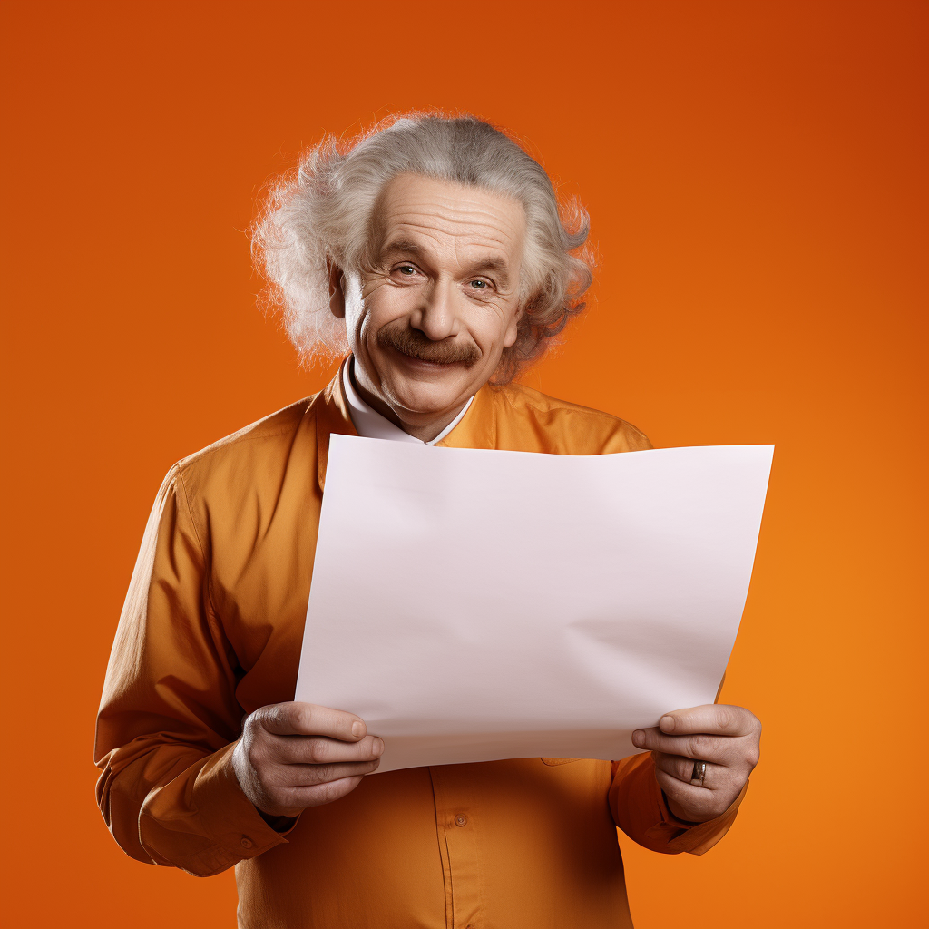 Smiling Albert Einstein holding a blank sheet