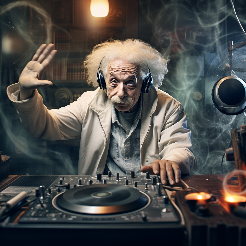 Albert Einstein DJ'ing in a Science Lab