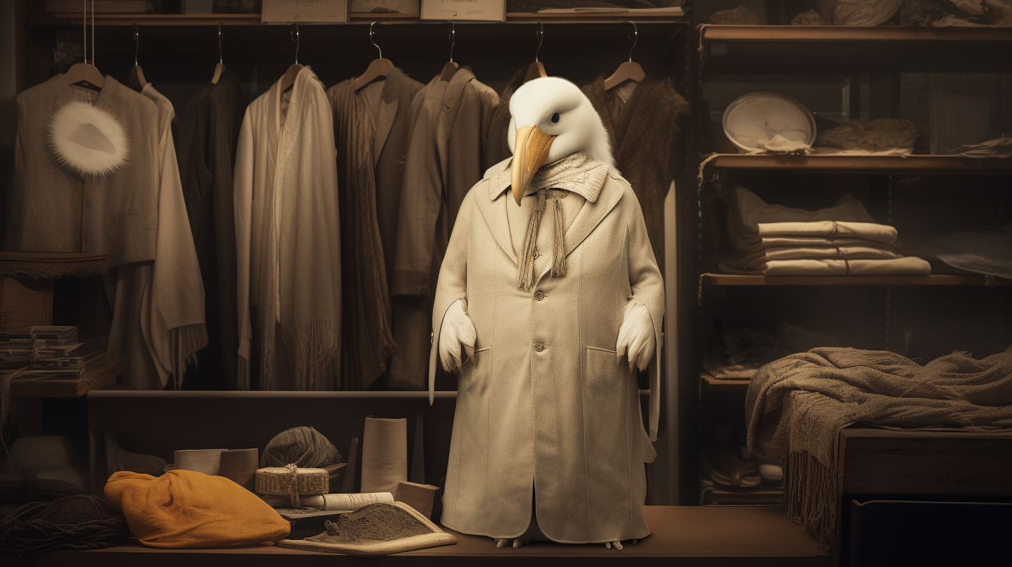 Albino albatross in 19th century suit in natural museum