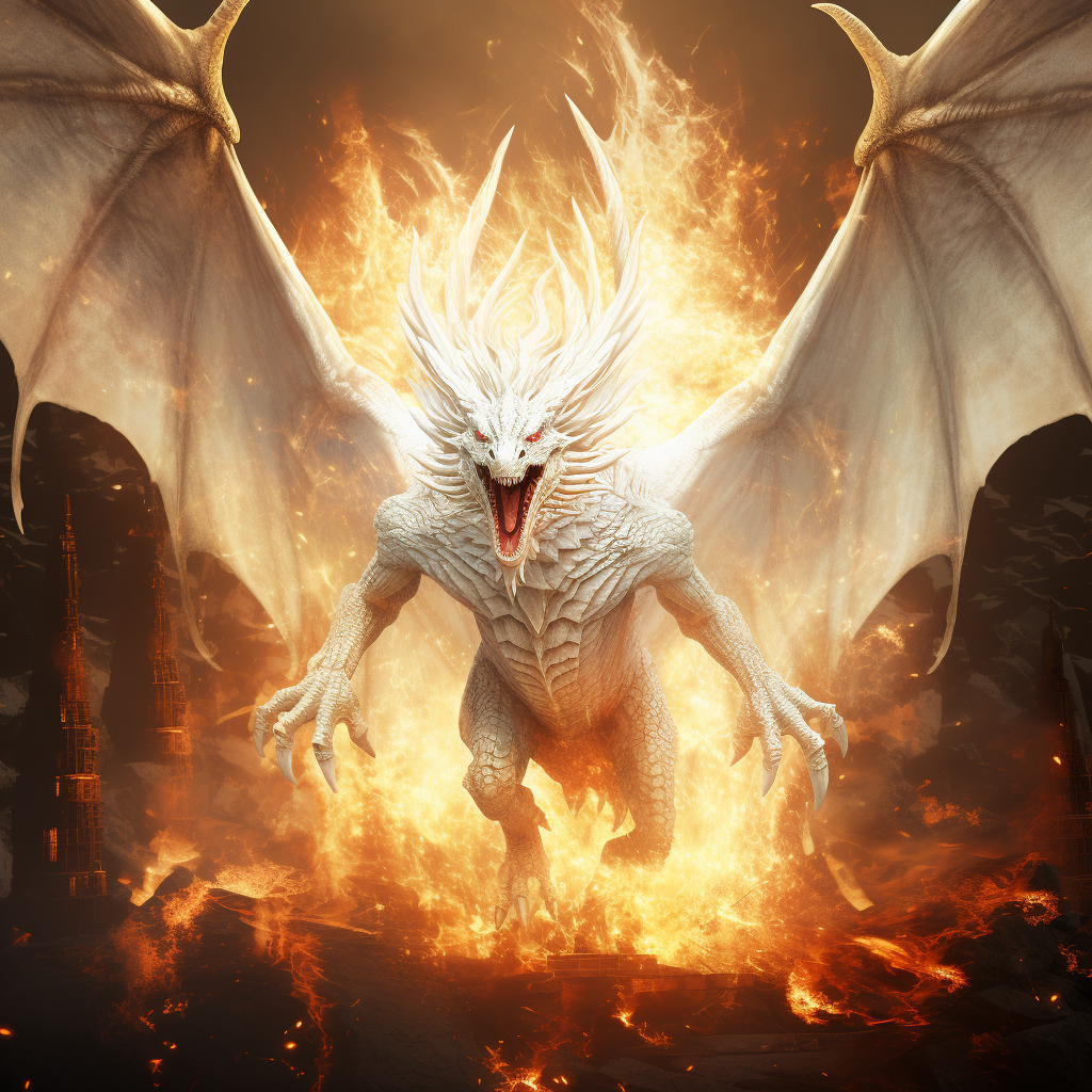 Albino Dragon Breathing Fire Fantasy