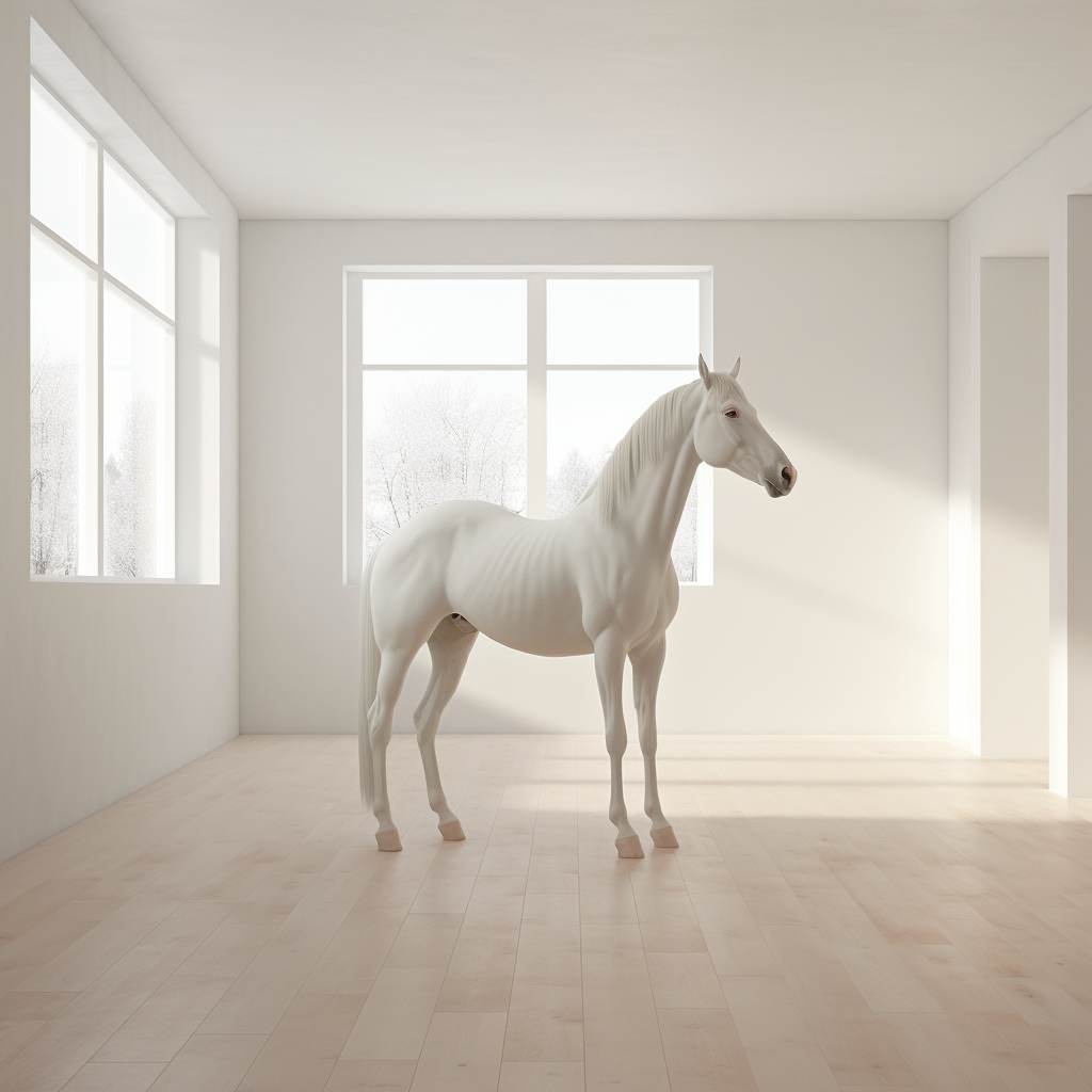 Albino horse in white room