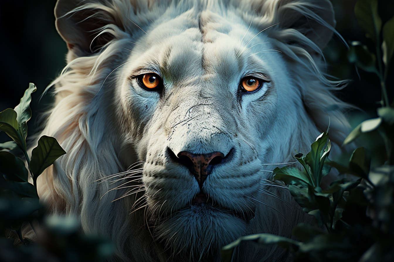 Albino lion face in tropical forest with bromeliads