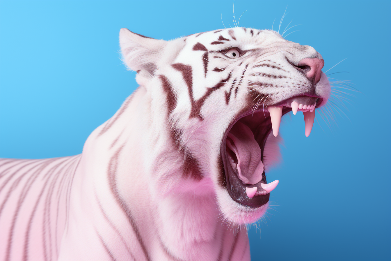 Albino tiger roaring on pink background