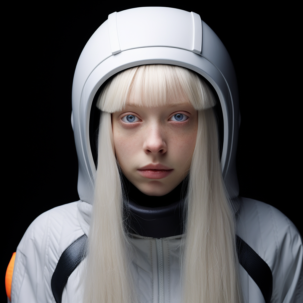 Albino girl with long white hair in alien suit