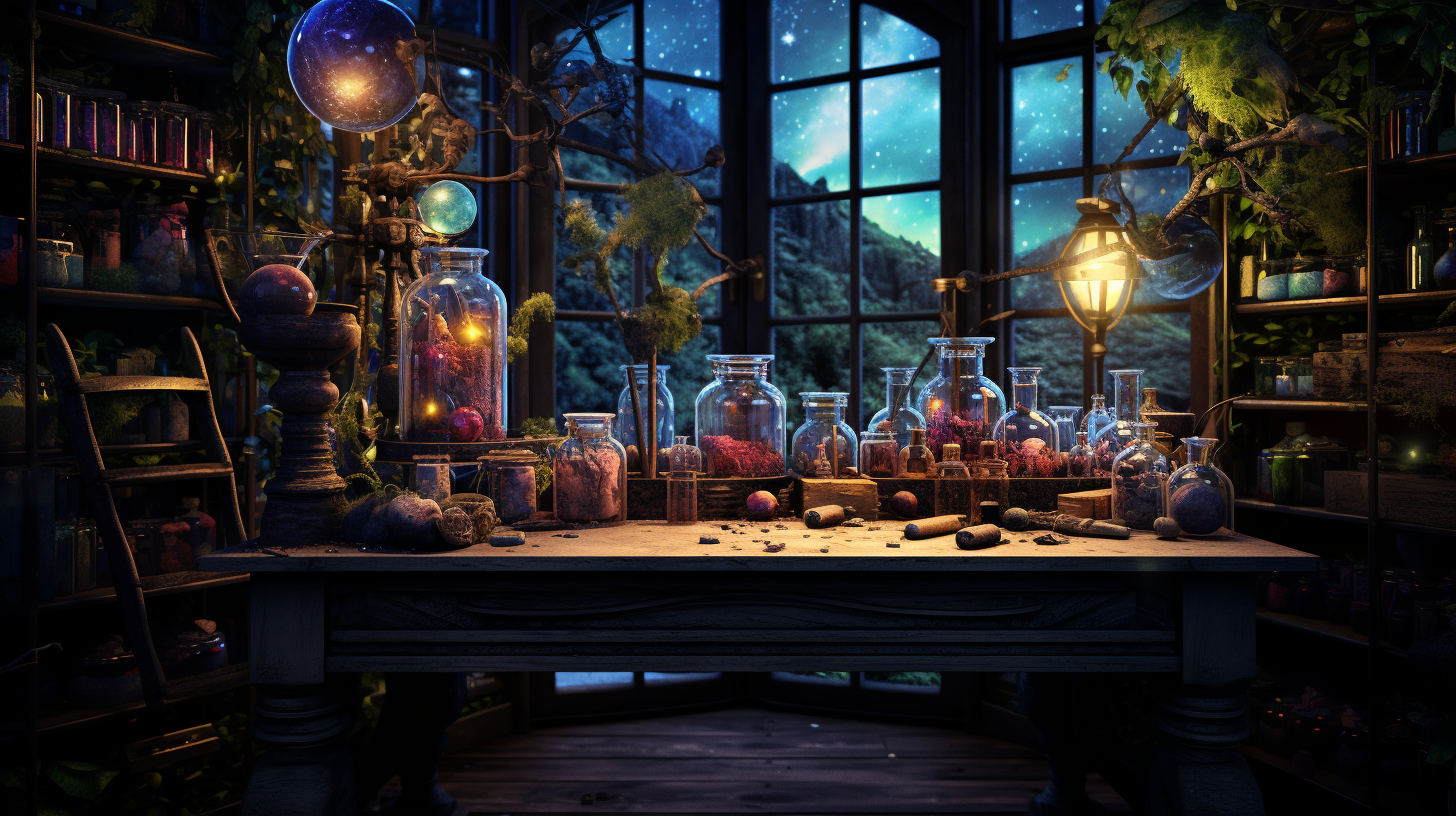 Alchemical supplies and specimens displayed on nighttime workbench